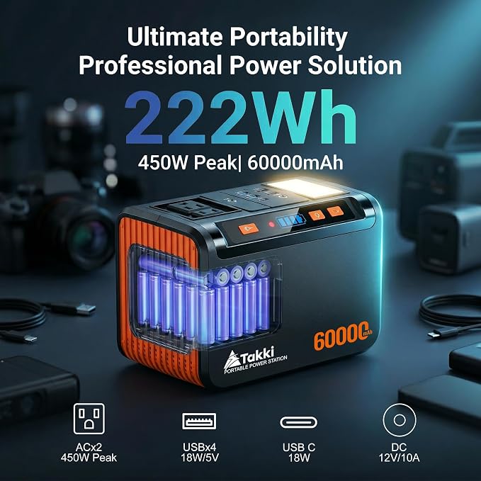 Takki 250W Portable Power Station 222Wh Camping Backup Lithium Battery with Pure Sine Wave AC Outlet 110V Solar Generator for Camping CPAP Home Use Backup Emergency Laptop - Image 2