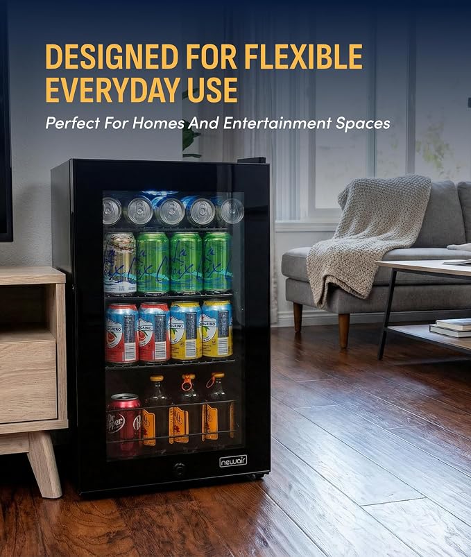 NewAir 90 Can Beverage Refrigerator | Freestanding Small Mini Fridge for Bedroom, Home Bar or Office | Adjustable Shelves, Quiet Cooling & Locking Door | Black - Image 3