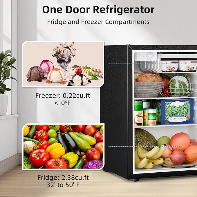 Antarctic Star 2.6 Cu.Ft.Compact Refrigerator with Freezer, Mini Fridge Single Door with Adjustable Thermostat,Removable Glass Shelves for Apartment,Dorm,Office,Kitchen，BLACK - Image 6