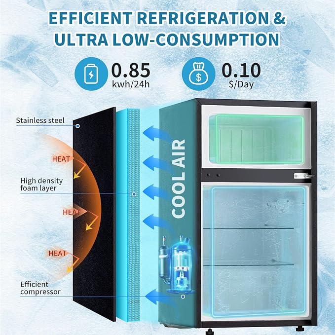 3.2 Cu.Ft Mini Fridge with Freezer, Double Door Small Refrigerator, Dorm Fridge with 3 Adjustable Thermostat, Energy Saving, Low Noise, Compact Refrigerator for Office, Bedroom, Dorm, Black - Image 6