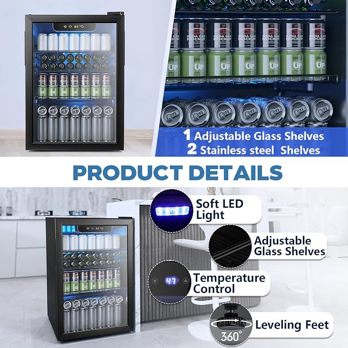 Electactic 95 Cans Beverage Refrigerator, 26 Bottle Mini Fridge, 2.7 cu.ft Drink Fridge Digital Temperature Control for Bottled Beer, Soda,Water - Image 5