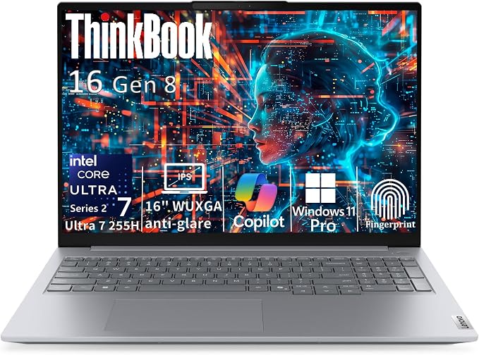 Lenovo ThinkBook 16 Gen 8 Laptop, Intel Core Ultra 7, 32GB DDR5, 1TB SSD | 16" laptop, fingerprint security, Win 11 Pro, DDR5 memory, SSD storage, ideal for business professionals by LENOVO