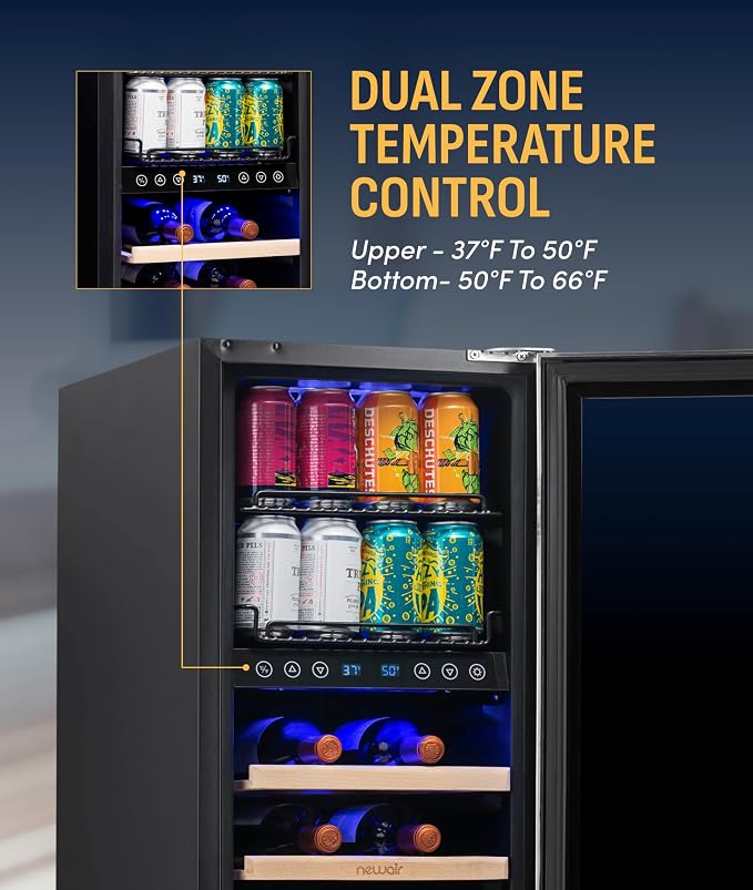NewAir 15" Dual Zone Beverage Refrigerator & Wine Cooler for 9 Bottles & 48 Cans | Freestanding or Built-In Under Counter Mini Fridge for Beer, Wine and Soda | Stainless Steel - Image 5
