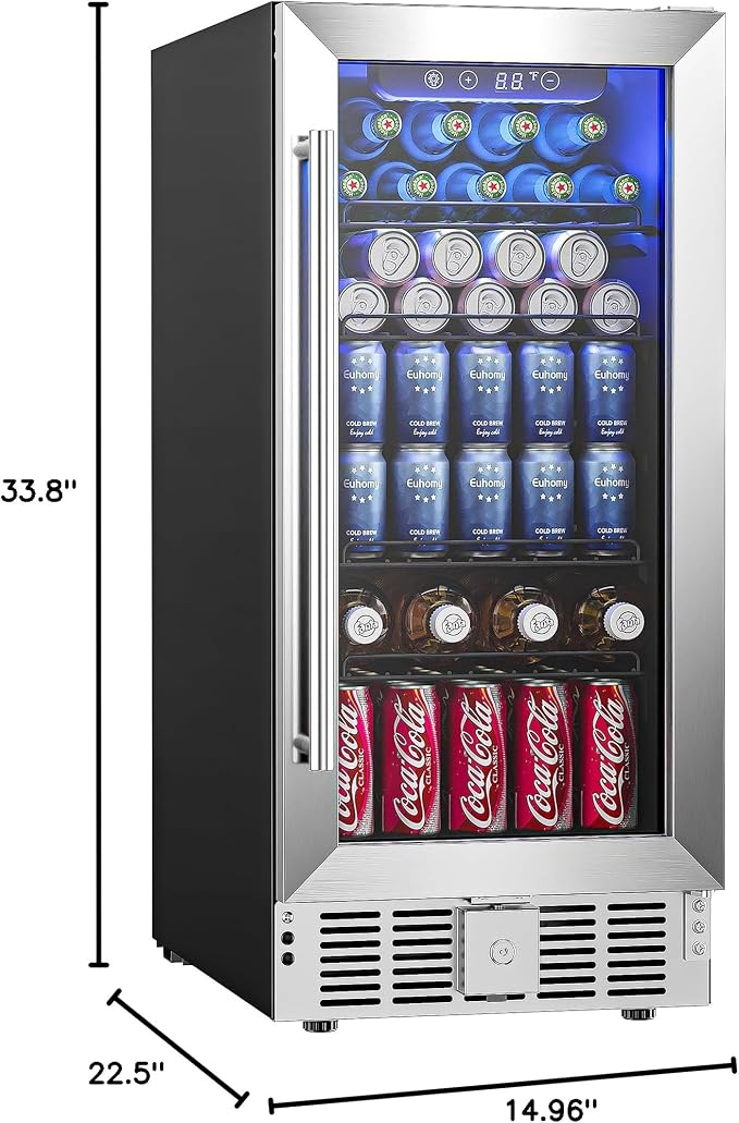 EUHOMY 15 Inch Beverage Refrigerator Cooler Under Counter 127 Cans Beverage Fridge Built-in or Freestanding with Glass Door, LED Light, Beer Fridge for Soda, Water, Wine - Home Kitchen Bar. - Image 9