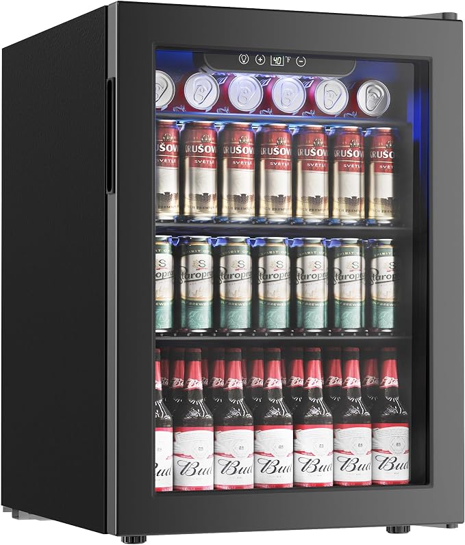 100 Can Beverage Refrigerator Cooler, 2.7 cu.ft Mini Fridge Glass Door for Beer Drinks Wines, Freestanding Beverage Fridge with Adjustable Shelves Blue LED for Home/Office/Dorm/Bar, Black by ICYGLEE