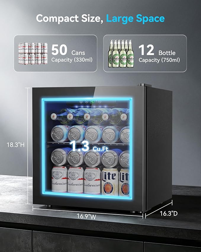 Feelfunn 50 Can Beverage Refrigerator, 1.3CuFt Mini Fridge with Glass Door | 40-61°F, ≤38dB, fast even cooling, removable shelf. For soda, beer, wine, 50 cans or 12 bottles in bedroom, office, dorm - Image 2