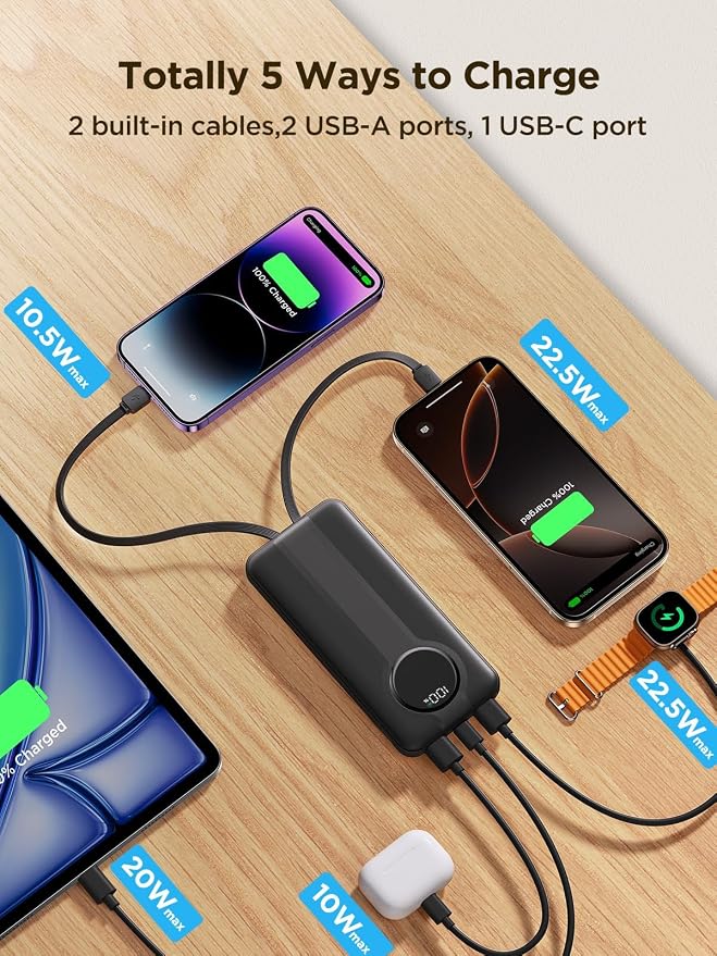 Aioneus Portable Charger, 10000mAh Power Bank with Built in Cables, 22.5W USB C in/Out Fast Charging Powerbank, Slim Travel Battery Charger Pack for iPhone 16 15 Samsung Galaxy S24 S10e Android Phone - Image 3