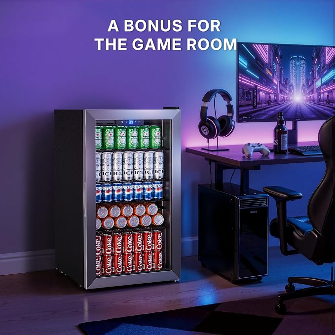 130 Can Beverage Refrigerator, 3.2 Cu.ft Mini Fridge, Glass Door, Silver | 34-64°F, LED Interior Light, Adjustable Removable Shelves, Beverage Cooler for Bedroom, Office, Bar - Image 8