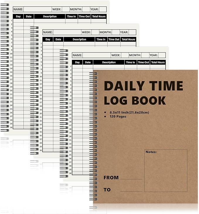 3 Pcs Daily Time Sheet Log Book Spiral 120 Pages 8.5x11 Inch Binder Work Hours by Unknown