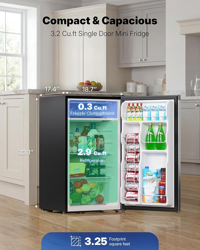 Upstreman 3.2 Cu.Ft Mini Fridge with Freezer, Stainless Steel-SR321 | Adjustable Thermostat, Energy Saving, Low Noise, Reversible Door, Small Refrigerator for Dorm, Bedroom, Office - Image 2