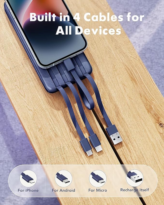 charmast Portable Charger with Built in Cables, Power Bank with Cords Wires, Slim 10000mAh Travel Battery Pack 6 Outputs 3 Inputs 3A Fast Charging for Samsung Google Pixel LG Moto iPhone iPad - Image 2