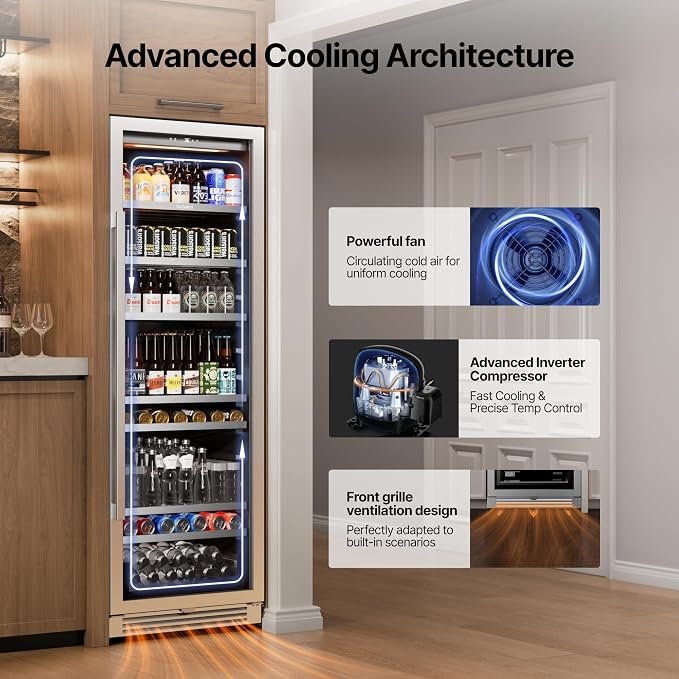 Ca'Lefort Beverage Refrigerator Cooler - 24 Inch Beverage Fridge 381 Can with Glass Door, Built-in or Freestanding Refrigerator with 3 Color LED, Drink Cooler for Soda Beer or Wine (Right-Hinged) - Image 3