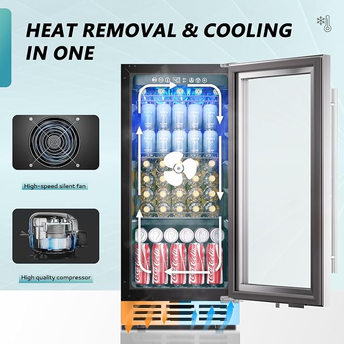 EUHOMY 15 Inch Beverage Refrigerator Cooler Under Counter 127 Cans Beverage Fridge Built-in or Freestanding with Glass Door, LED Light, Beer Fridge for Soda, Water, Wine - Home Kitchen Bar. - Image 3