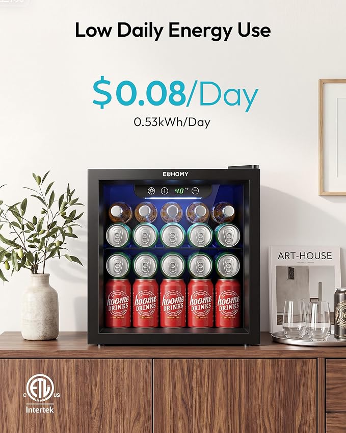 EUHOMY 48 Can Beverage Refrigerator cooler-Mini Fridge Glass Door for Beer Drinks Wines, Countertop Beverage Fridge with Adjustable Shelves Blue LED for Home/Office/Dorm/Bar, 1.3 cu.ft - Image 8