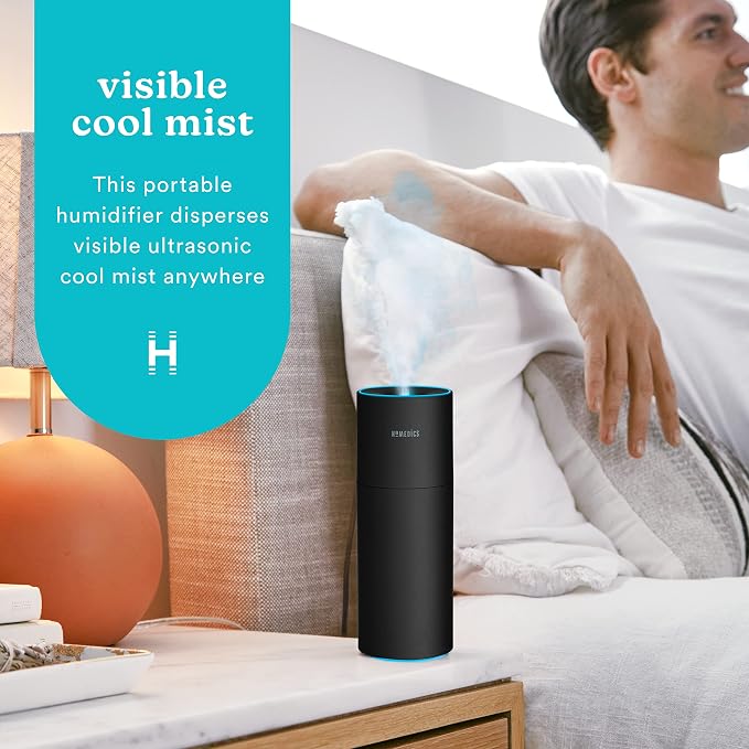 Homedics Portable Humidifier - Small Air Humidifiers for Bedroom, Plants, Office, Travel - Cool Mist Humidifiers, Color-Changing Accent Light, 2 Mist Settings, Black - Image 2