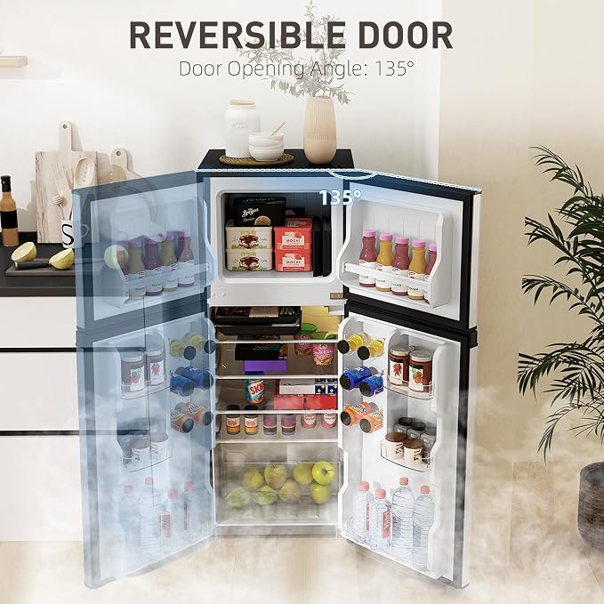HOMCOM 4 Cu.Ft Mini Fridge with Freezer Double Reversible Silver | Compact Refrigerator, Adjustable Thermostat, Shelf, for Bedroom Dorm Home Office, Energy Efficient - Image 5