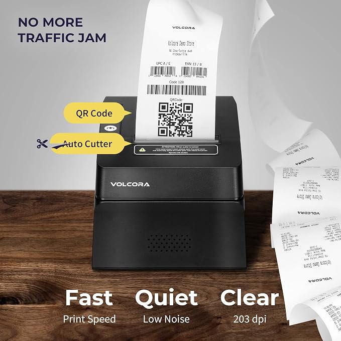Volcora Thermal Receipt Printer, 80mm POS Printer w/Auto Cutter, USB/Bluetooth - Image 3