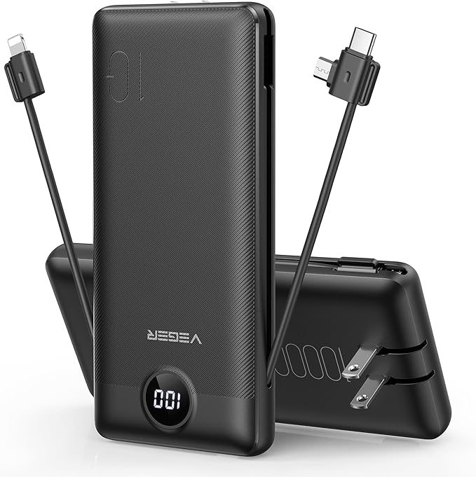 VEGER Portable Charger with Built-in AC Plug and Cables, All in One 10000mAh Ultra Slim Power Bank Travel Essentials, Fast Charging Battery Pack Compatible with iPhone, Samsung, Android (Black) by VEGER