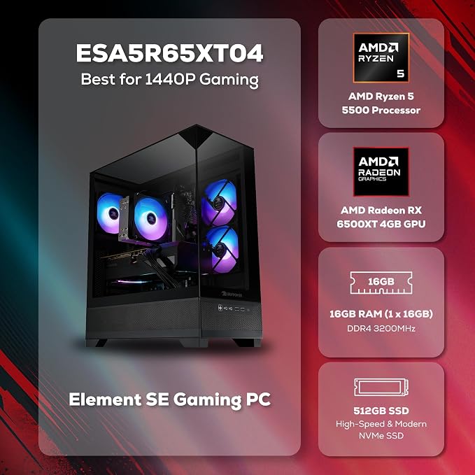 iBUYPOWER Element SE Gaming PC Desktop Computer AMD Ryzen 5 5500 CPU, AMD Radeon RX 6500XT 4GB, 16GB DDR4 Non-RGB 3200MHz RAM, 512GB NVMe SSD, Windows 11 Home, Gamer Keyboard and Mouse - ESA5R65XT04 - Image 2