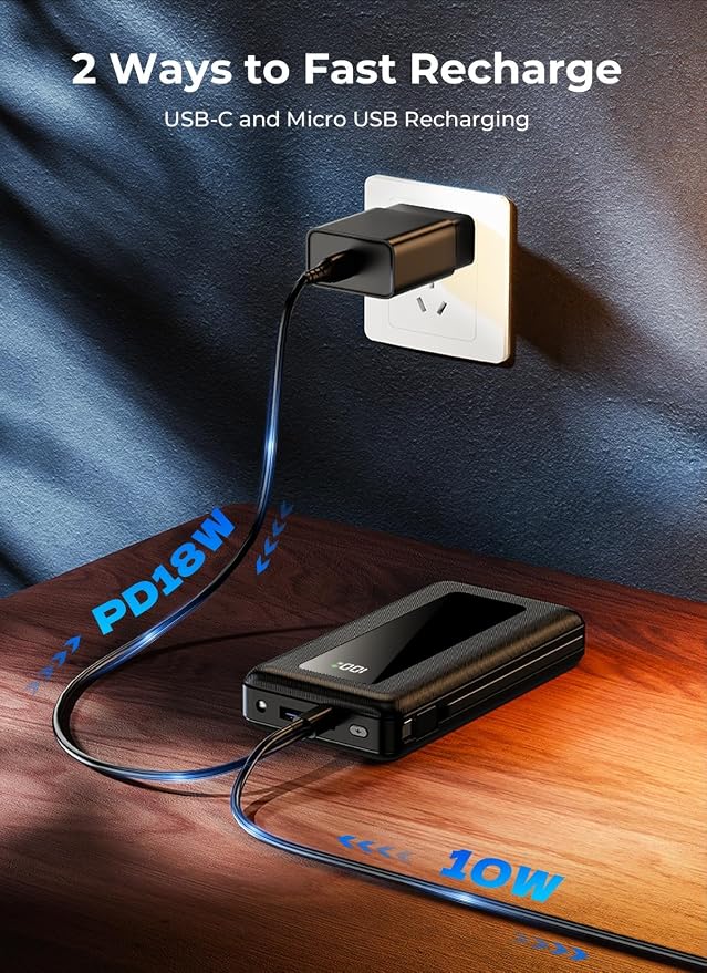Power Bank, 50000mAh Portable Charger, Travel Camping Essential Battery Pack with Built-in Cables, PD 22.5W Fast Charging, Large Capacity Portable Phone Charger, Jet Black - Image 8