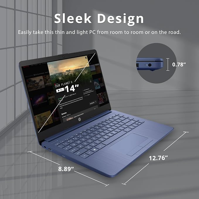 HP 14" HD Laptop, Windows 11, Intel Celeron Dual-Core Processor Up to 2.60GHz, 4GB RAM, 64GB SSD, Webcam, Dale Blue (Renewed) - Image 6