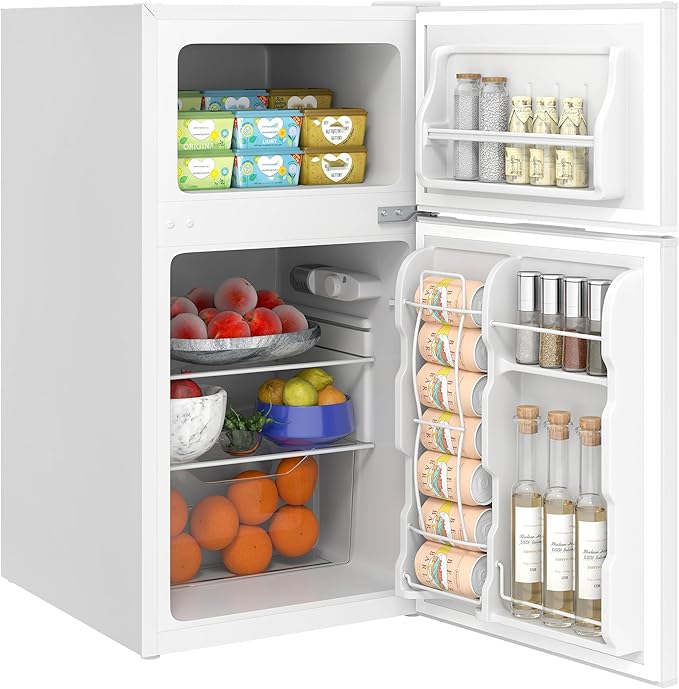 HOMCOM 3.2 Cu.Ft Mini Fridge with Freezer Double Reversible Door White | Compact Refrigerator, Adjustable Thermostat, Shelf, for Bedroom Dorm Home Office, Energy Efficient by HOMCOM