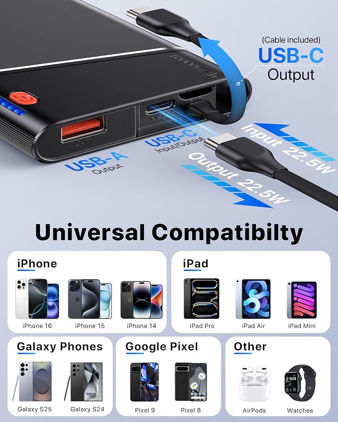 Aaoyun Portable Charger Power Bank, 10000mAh 22.5W PD Fast Charging Powerbank with Built-in USB C Cable, Slim External Phone Battery Pack for iPhone 17/16/15 Samsung S24 Android etc (Grey) - Image 6