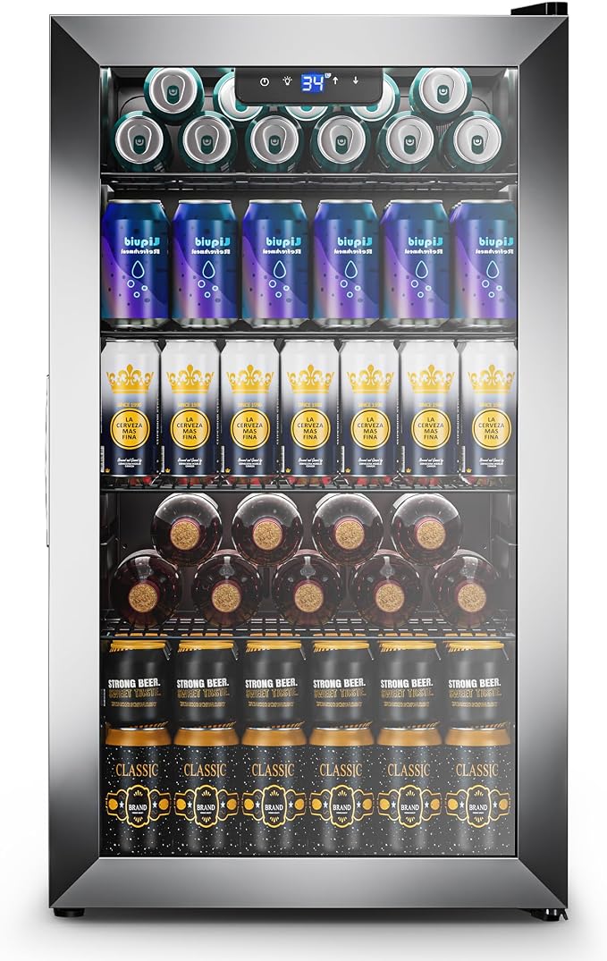 3.1 Cuft Beverage Fridge, 130 Can Mini Fridge, Glass Door, 34-64°F, Silver | LED Interior Light, Adjustable Removable Shelves, Freestanding for Bedroom, Office & Bar by Tehanld