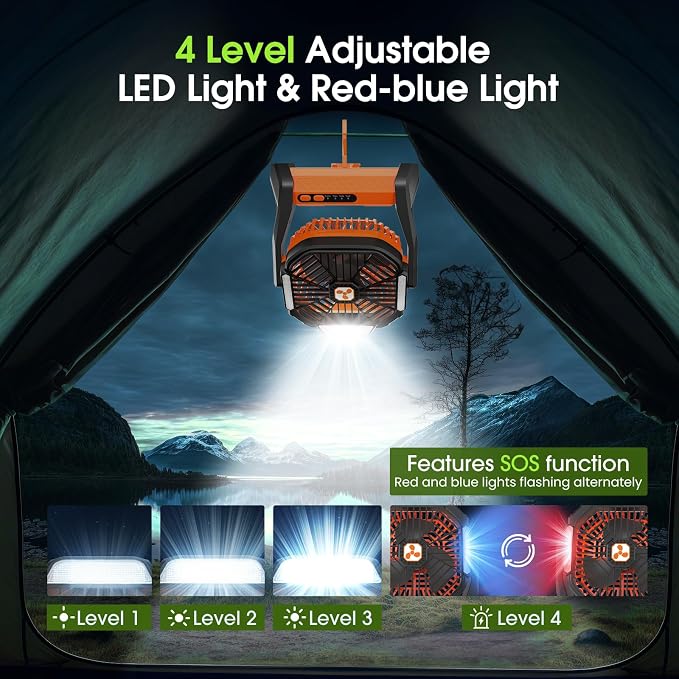 Portable Rechargeable Fan, 20000mAh Cordless Battery Powered Camping Fans with SOS & LED Lantern, Small USB C Operated Outdoor Tent Ventilador for Travel Camp Fishing Picnic Home Worksite Supplies - Image 5
