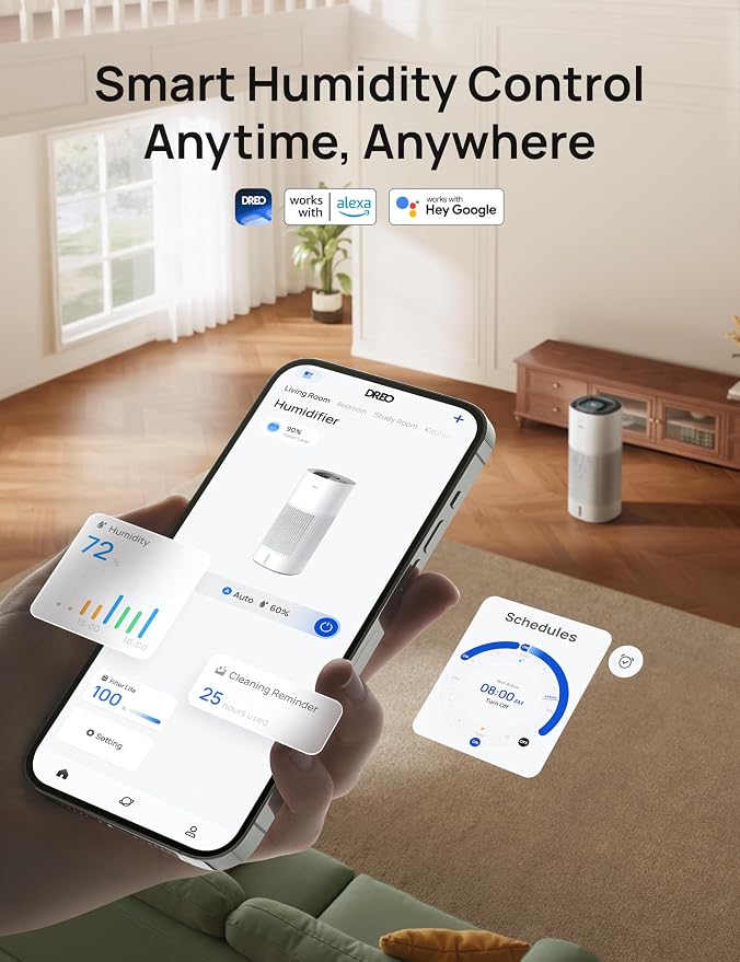DREO Smart Evaporative Humidifier Large Room up to 1000ft², 800ml/h High Output Air Humidifiers for Bedroom, 10L, 50H Long Runtime with Precise Humidification for Plants, Home, Office, White, HHM774S - Image 6