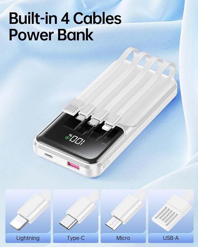 RONEGN Portable Charger with Built in Cable - Power Bank Fast Charging USB C LED Display 10000mah Battery Pack 5 Outputs & 3 Inputs for Travel Essentials iPhone Samsung Android Phones Tablets Grey - Image 3