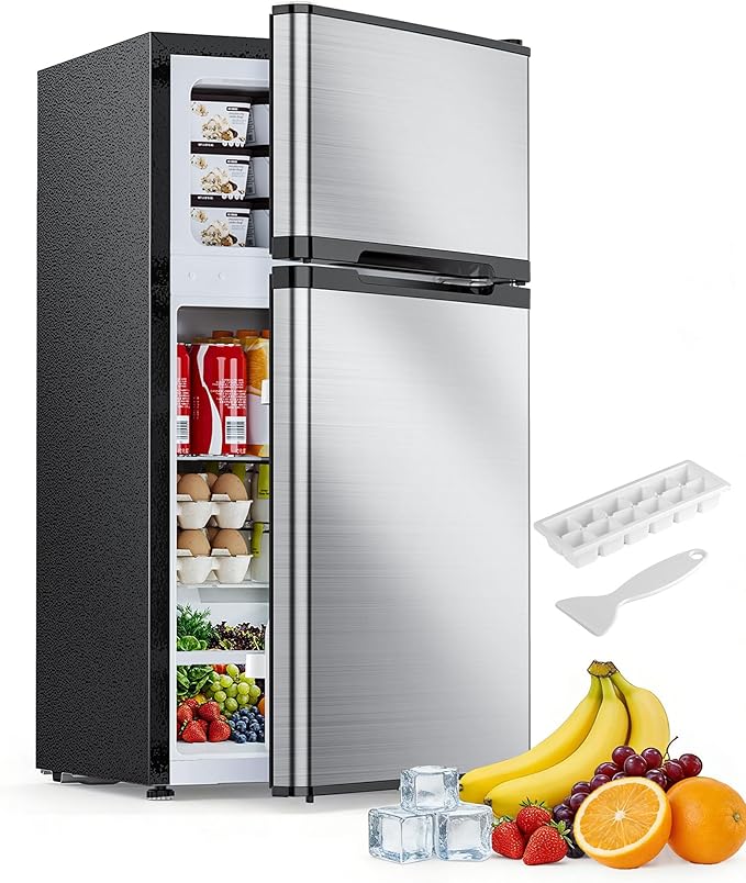 Electactic 2.5 Cu.Ft Mini Fridge with Freezer, Double-Door Compact Refrigerator, Adjustable Glass Shelves, Mechanical Thermostat & Leveling Feet, Space-Saving for Apartment/Dorm/Office, Silver by Electactic
