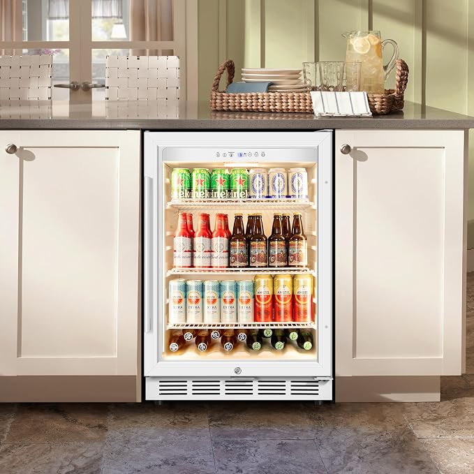 24" Beverage Refrigerator Glass Door Reversible White | Built-in/free, fast cool, <38dB, temp memory, glass+lock, 37-65°F, 190 can - Image 8