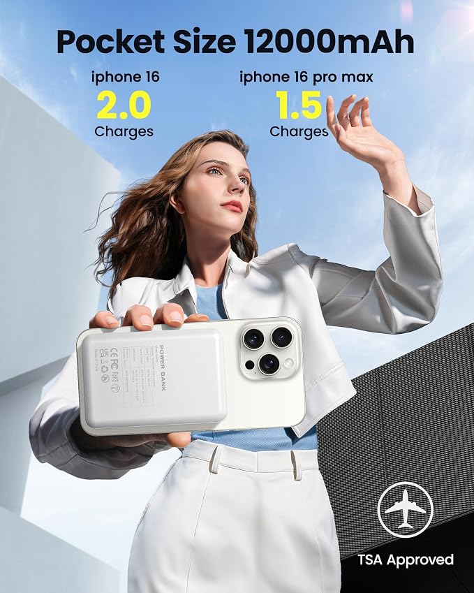 Magnetic Portable Charger Power Bank 12000mAh MagSafe Compatible Battery Pack 22.5W USB C Fast Charging Wireless Battery Pack Phone Charger for iPhone 17/16/15/14/13/12 All Series White - Image 3