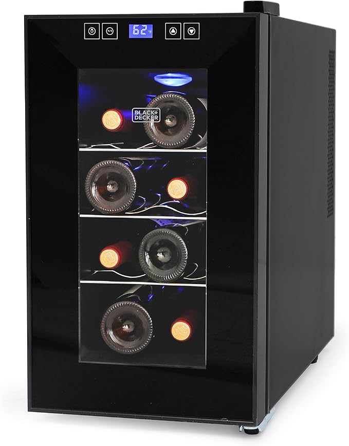 BLACK+DECKER 8-Bottle Thermoelectric Wine Cellar, BD60026, Black | Countertop Mini Fridge with Triple Pane Clear Glass Door, Bar Cabinet with LED Display, Slide-Out Chrome Racks by Unknown