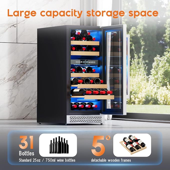 Albott 15 Inch Wine Fridge, Dual Zone 31 Bottle Wine Cooler | with Digital Temperature Control, Reversible Double-Layer Glass Door, Built-in or Freestanding Design for Home and Bar - Image 2