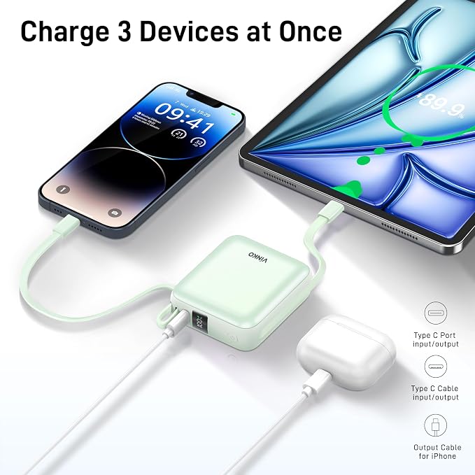 VINKO Small Portable Charger, 22.5W Fast Charging Mini Power Bank 10000mAh with Built-in Cables LED Display, Travel Essential USB-C Battery Pack Compatible with iPhone,Samsung,Android (Green) - Image 7