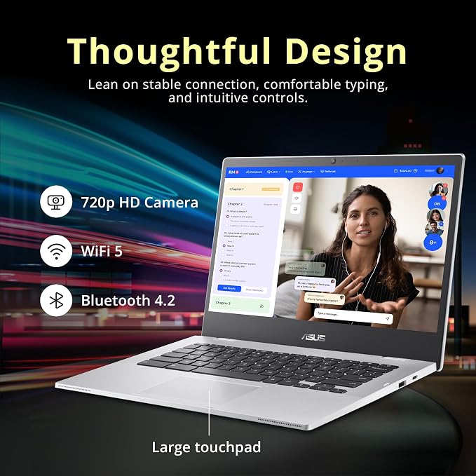 ASUS Chromebook CX1400CNA-WS01 14" HD Anti-Glare Laptop, Intel Celeron N3350 Processor, 4GB RAM, 32GB eMMC, Intel HD Graphics, 720p HD Camera, Wi-Fi, Bluetooth, Chrome OS, Silver (Renewed) - Image 3