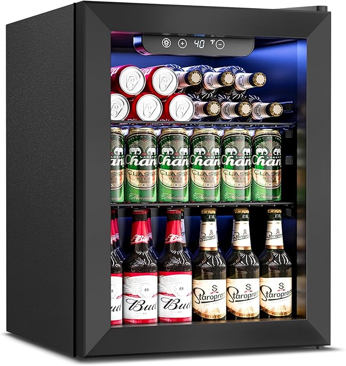 Feelfunn 1.7 Cu.Ft Beverage Refrigerator, 68 Can Mini Fridge, Black | Glass door, 40-61°F, ≤38dB, 68 cans or 16 bottles, removable shelf. For soda, beer, wine in office, dorm, home bar by Feelfunn