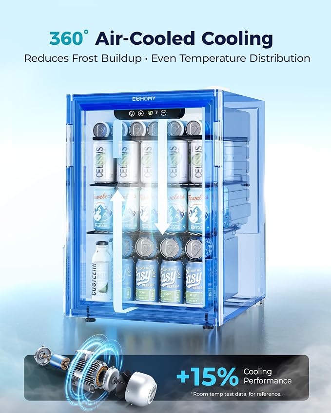 EUHOMY 100 Can Beverage Refrigerator cooler-Mini Fridge Glass Door for Beer Drinks Wines, Freestanding Beverage Fridge with Adjustable Shelves Blue LED for Home/Office/Dorm/Bar, 2.7 cu.ft - Image 5