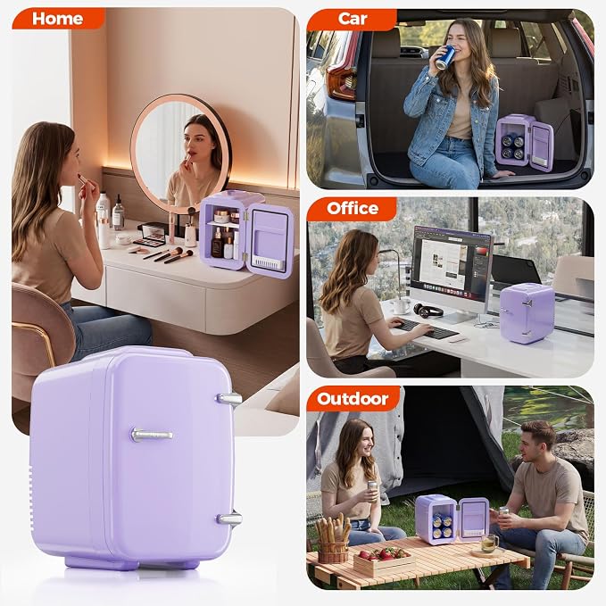 OSTBA Mini Fridge, 4 Liter/6 Can Mini Makeup Fridge, 110V AC/ 12V DC Portable Thermoelectric Cooler&Warmer for Skincare, Drink, Cosmetic, Medicine, Small fridge for Bedroom, Office, Dorm, Car, Purple - Image 9
