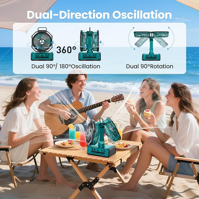 Dual Head Portable Rechargeable Fan 20000mAh Battery Powered Fan Camping Cordless with 360° Air Delivery, LED Lantern & Remote, Auto Oscillation, Battery Operated for Tent Office Travel Picnic Jobsite - Image 5