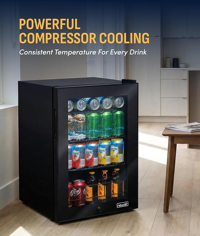 NewAir 90 Can Beverage Refrigerator | Freestanding Small Mini Fridge for Bedroom, Home Bar or Office | Adjustable Shelves, Quiet Cooling & Locking Door | Black - Image 6