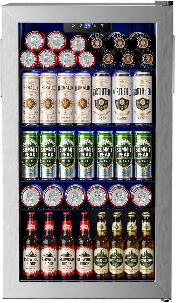 Feelfunn Beverage Refrigerator Cooler - 126 Can Mini Fridge Glass Door for Drinks Soda Beer Wine - Small Refrigerator for Office Bedroom Home Bar, 4 Adjustable Shelves, 3.2 Cu.Ft, Silver by Feelfunn