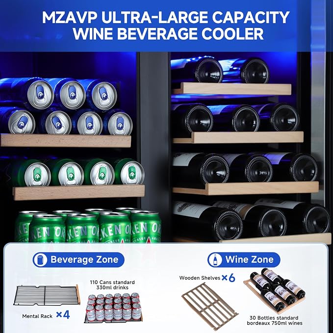 30 Inch Wine and Beverage Refrigerator, Dual Zone 30" Wine Fridge Under Counter/Freestanding, 30 Inch Wide Beverage Cooler with Glass Door, Holds 30 Bottles & 110 Cans for Home Bar Office, Black - Image 4