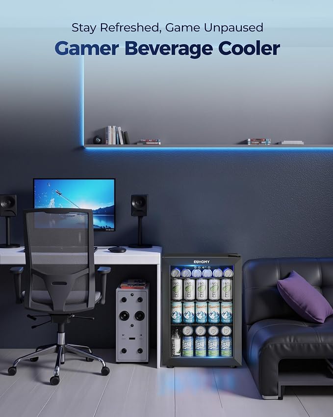 EUHOMY 100 Can Beverage Refrigerator cooler-Mini Fridge Glass Door for Beer Drinks Wines, Freestanding Beverage Fridge with Adjustable Shelves Blue LED for Home/Office/Dorm/Bar, 2.7 cu.ft - Image 8