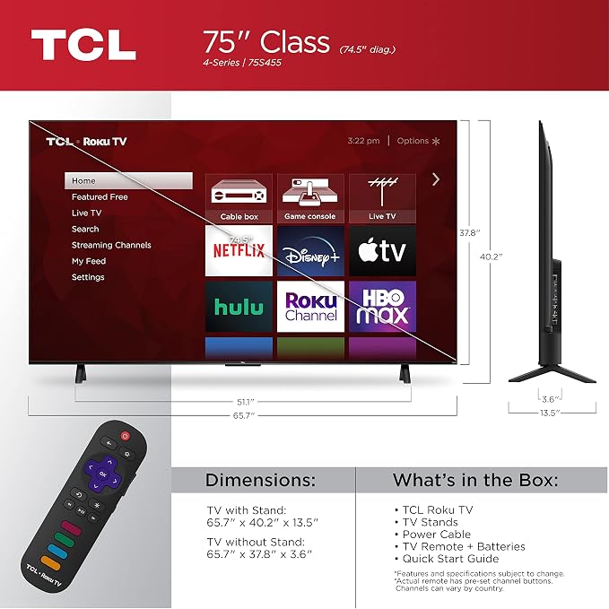 TCL 75" Class 4-Series 4K UHD HDR Smart Roku TV(Wi-Fi, RF, USB, Ethernet, HDM) I - 75S455 - Image 4
