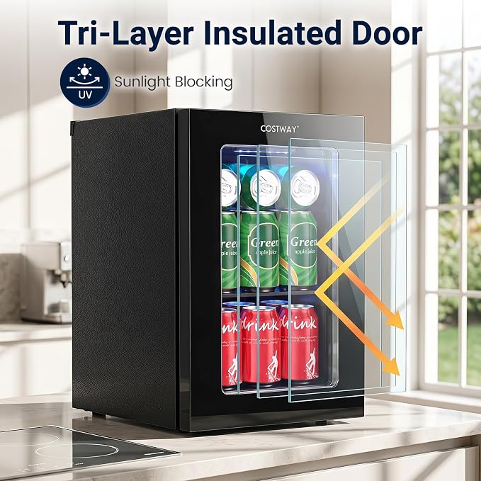 COSTWAY 24 Cans Beverage Refrigerator, 18L/0.6 Cu.Ft Countertop Mini Fridge | Quiet Drink Cooler with Touch Panel, 40-61℉ Thermostat, Tri-Layer Insulated Door and Blue LED Lights for Home Office & Bar - Image 9