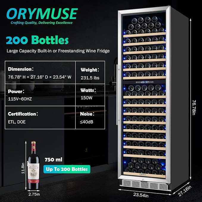 200 Bottle Dual Zone Wine Fridge - 24 Inch Large Wine Cooler Refrigerator, Freestanding and Built-in Design, Upgraded Compressor Cooling, Intelligent Temperature Memory - Image 7