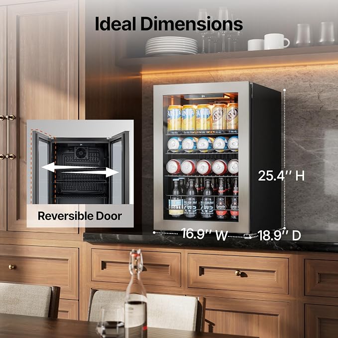 Ca'Lefort 85 Cans Mini Fridge, Beverage Refrigerator Cooler for Drink, Beer | 2.18 Cu.ft, Low-noise, Reversible Glass Door, 3-Color LED Lighting, Adjustable Shelves, 34℉ to 54℉ - Image 6